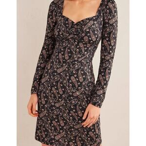 Boden Dress 2 Black Paisley Floral Sweetheart Jersey Long Sleeve Mini Stretch